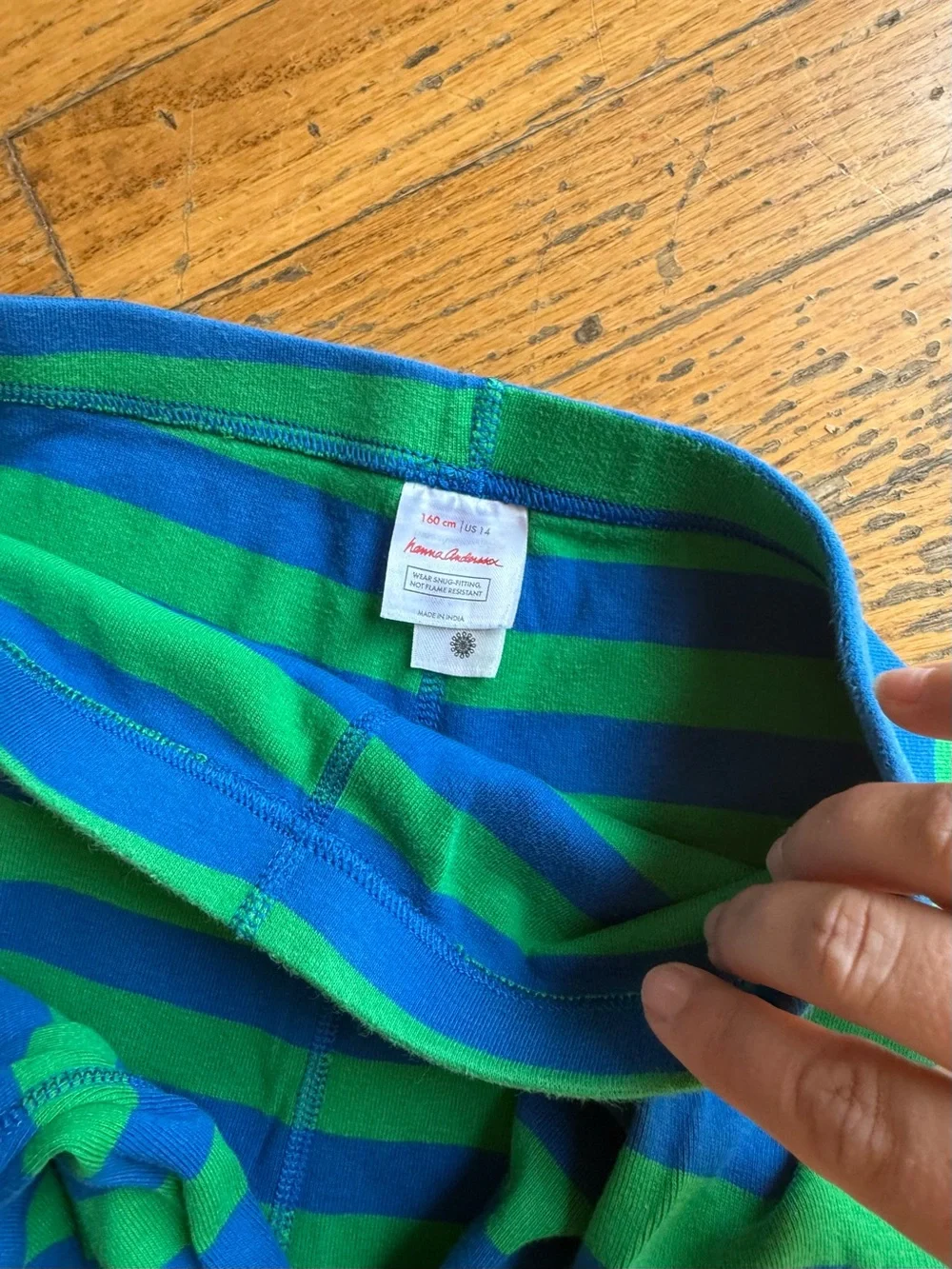 Hanna Anderson Boys Striped Green & Blue Kids Pajama Set with Orange Trim Sz:14